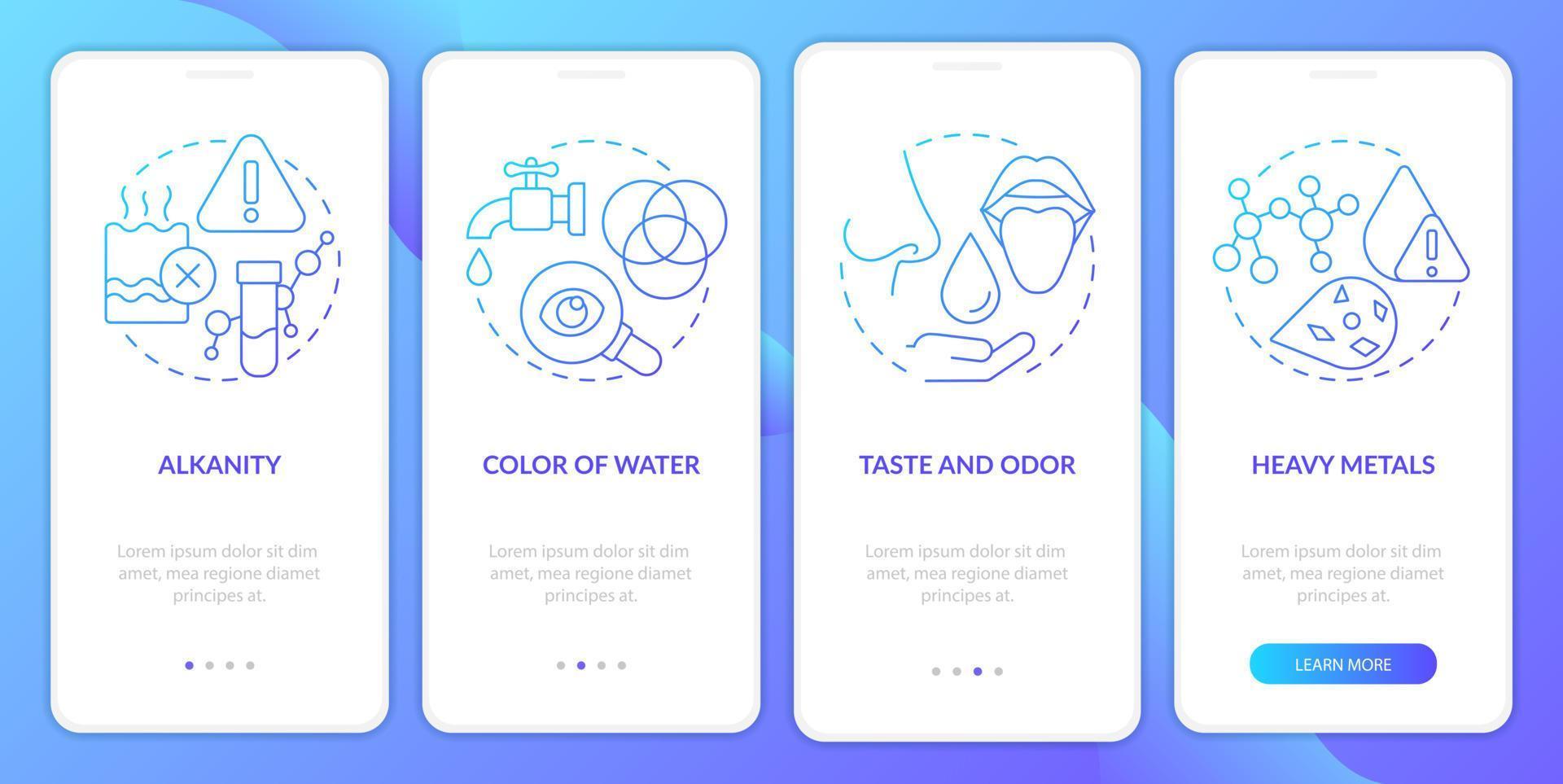 waterkwaliteitsanalyse blauwe gradiënt onboarding mobiele app-scherm. walkthrough 4 stappen grafische instructiepagina's met lineaire concepten. ui, ux, gui-sjabloon. vector