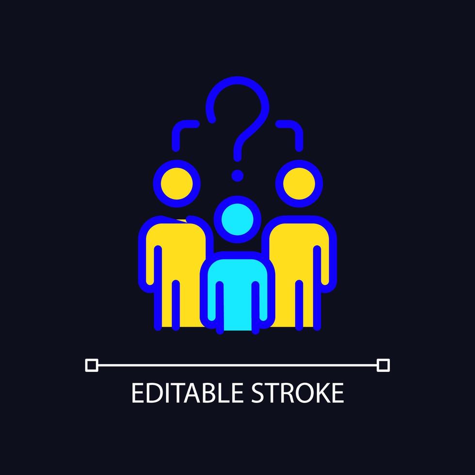 veelvoorkomende vraag rgb-kleurenpictogram voor donker thema. mensen groep en vraagteken. maatschappelijke problemen oplossen. eenvoudige gevulde lijntekening op de achtergrond van de nachtmodus. bewerkbare streek. vector