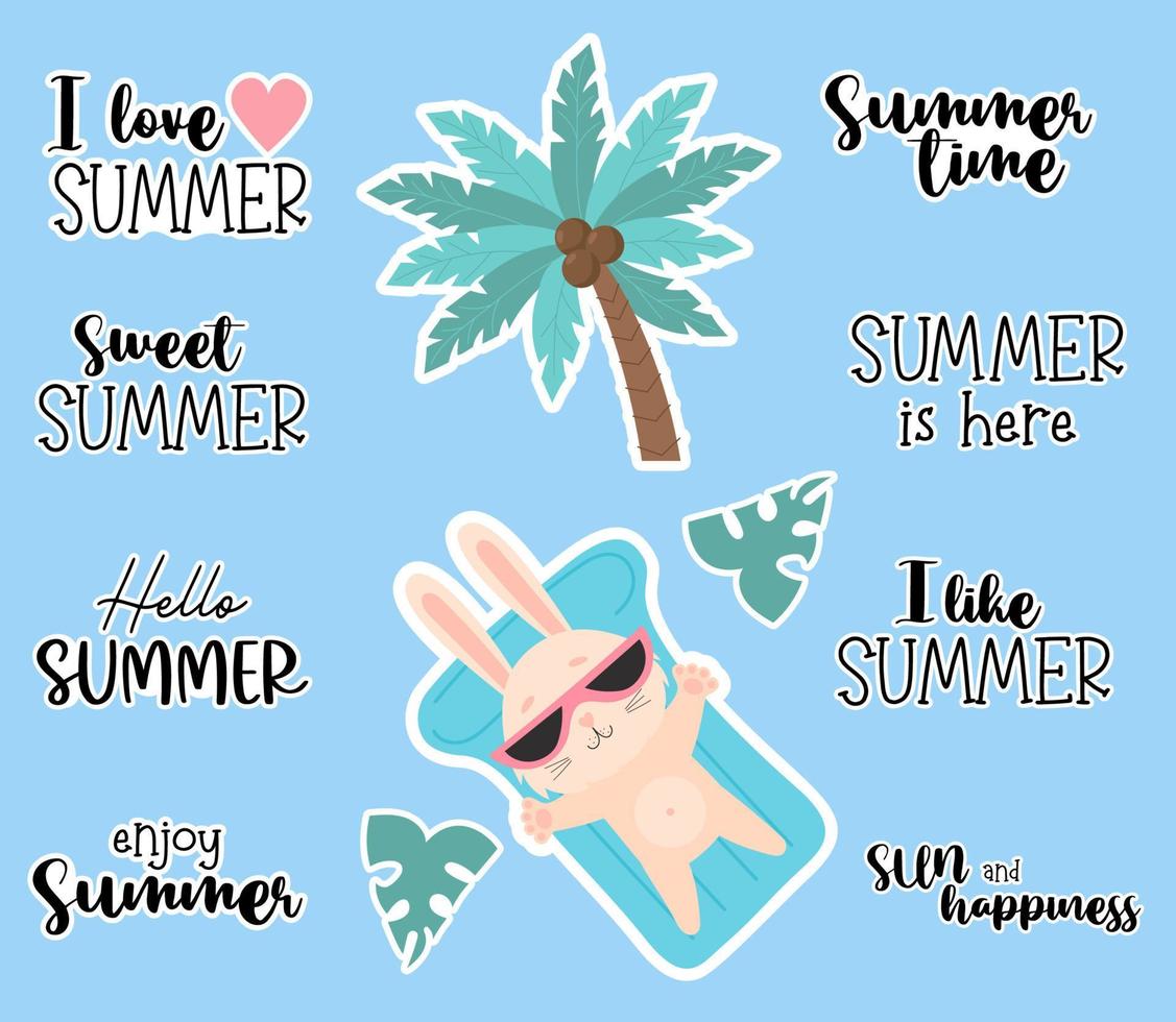 verzameling stickers zomertijd. schattige grappige konijntjes in zonnebril drijven op waterdichte rubberen flamingo-ring en matras, palm en letters met zomerse zinnen. vectorillustratie. vector