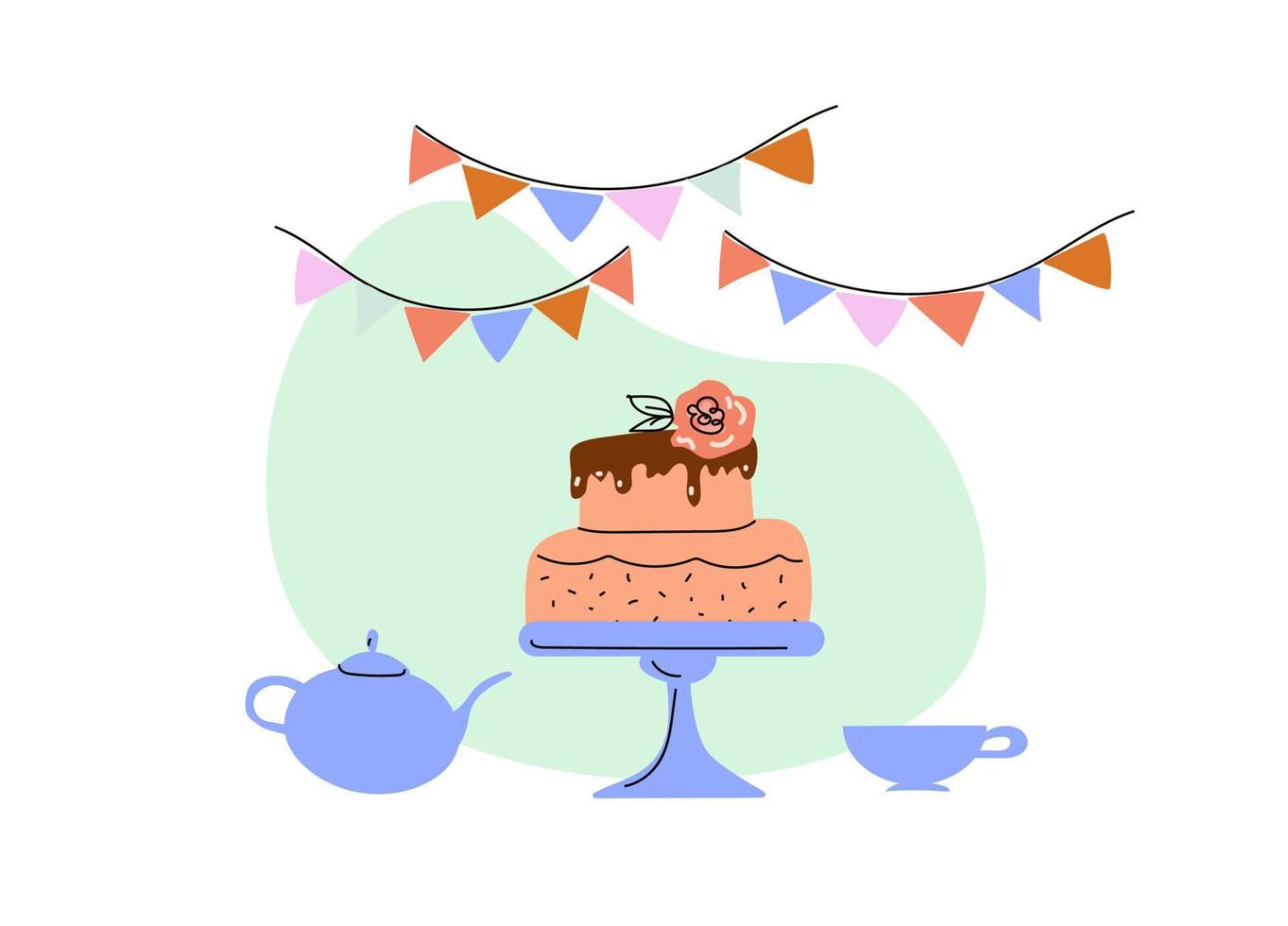 afternoon tea set met gebak, doodle schets hand getekende vector design.