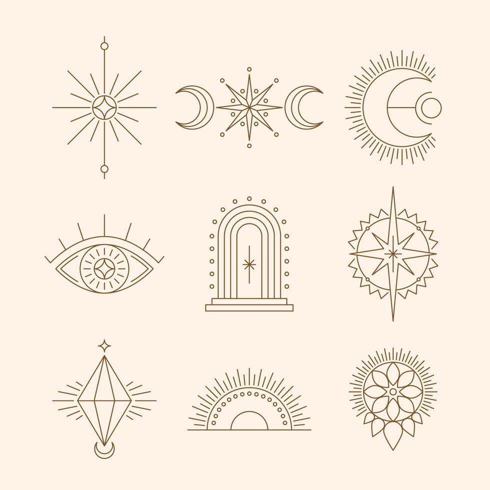 esoterische symbolen, dunne lijn spirituele illustratie. set van magische occulte emblemen, vectorillustratie vector