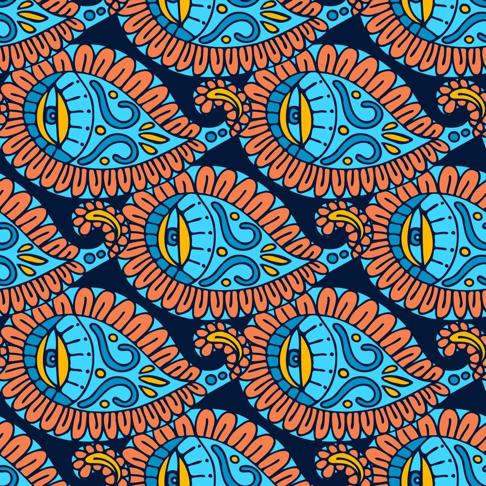 fantasie bloemenpaisley patroon. naadloos paisleypatroon. blauw geel oranje kleur. vectorillustratie. vector