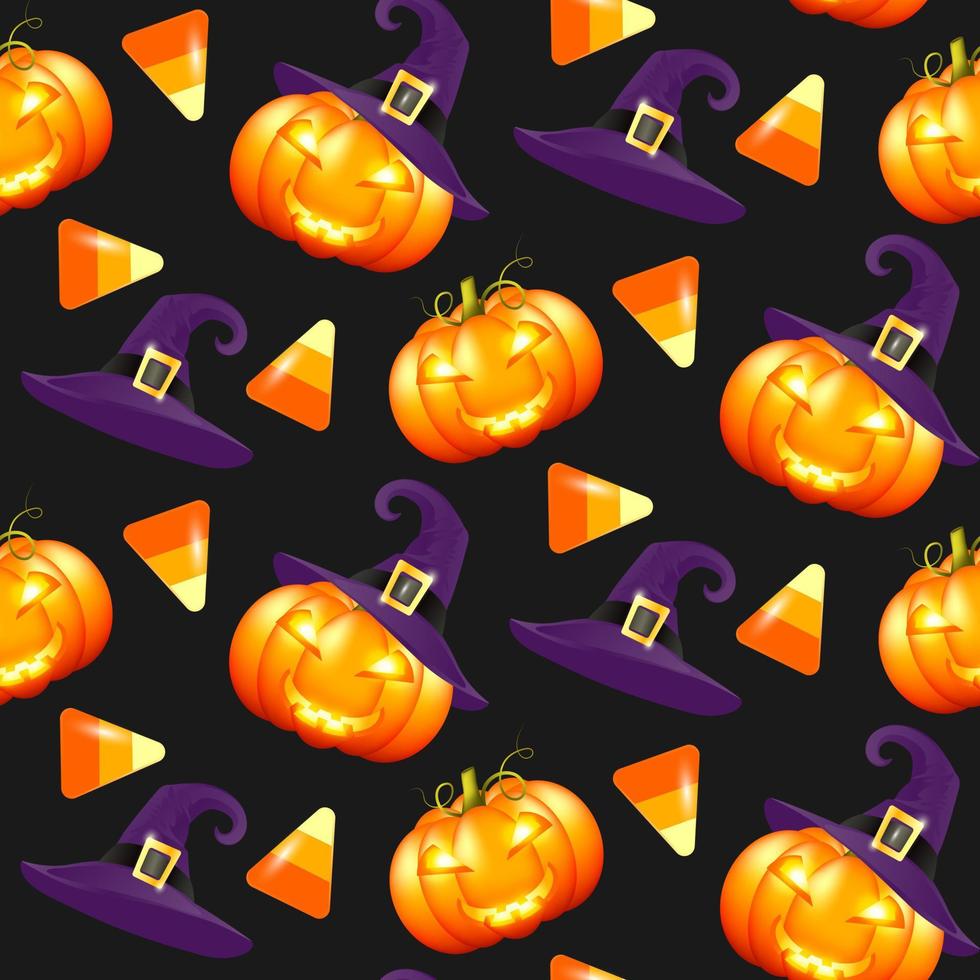 abstract patroon met naadloze patroon halloween pompoenen fnd snoep op donkere background.seamless patroon halloween pompoenen. ontwerp inpakpapier, behang. cartoon-stijl. vector