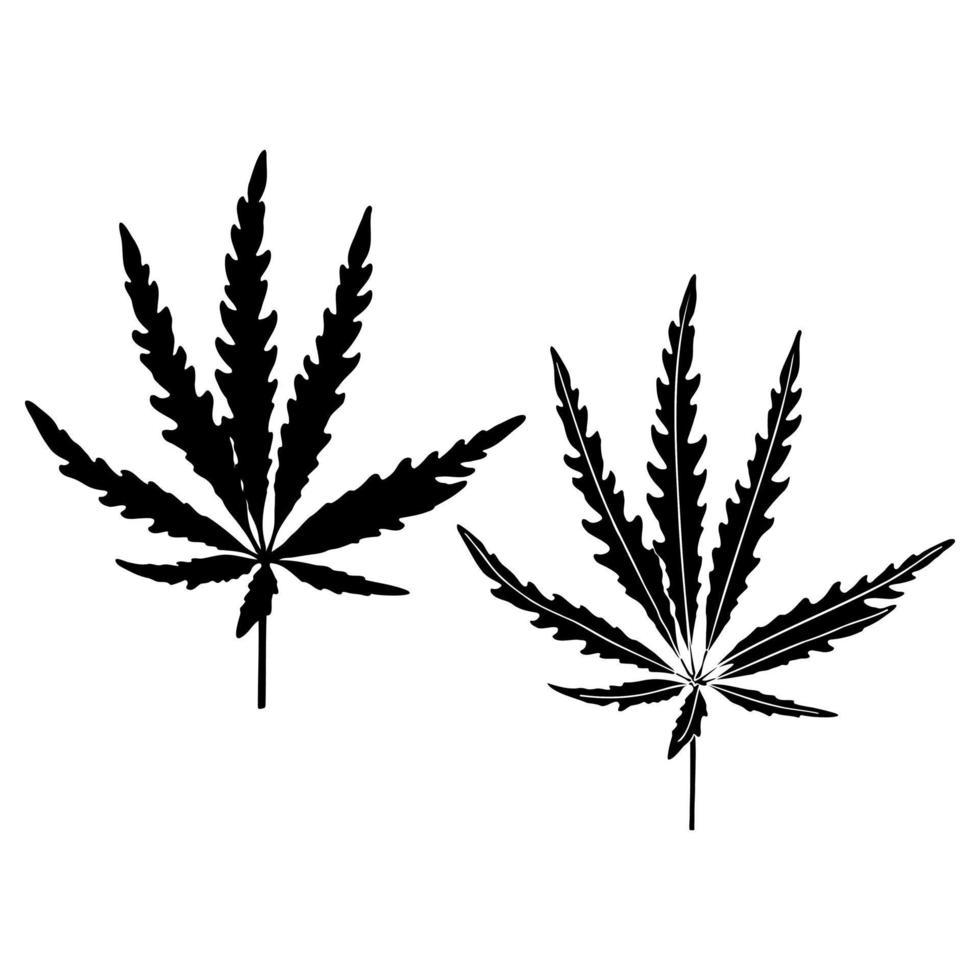 marihuana of cannabis blad silhouet geïsoleerde set. zwart silhouet van marihuanablad of kruidencannabis op witte achtergrond. vectorillustratie. vector