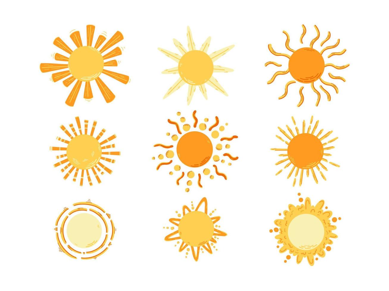 gele zon iconen vector symboolset. verzameling van handgetekende zon