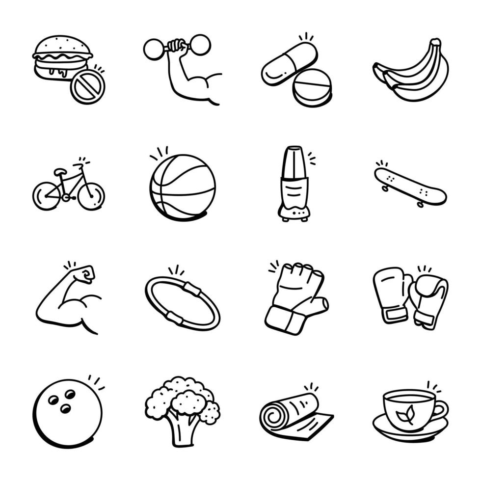 workout accessoires handgetekende pictogrammen vector