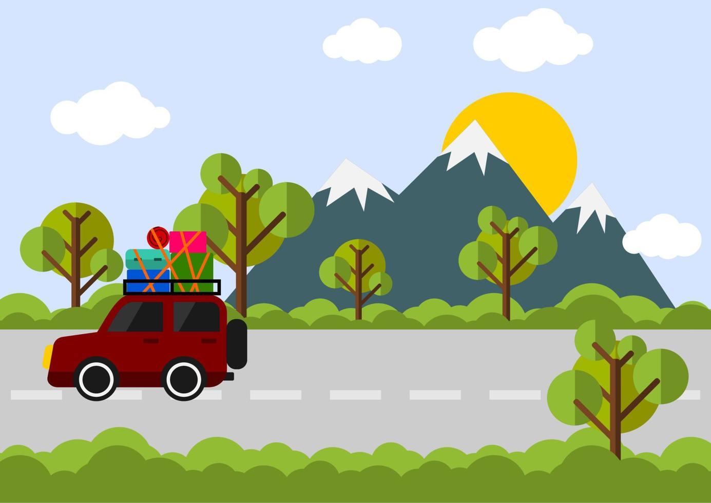 bewerkbare vectorillustratie van vakantiereis met auto in vlakke stijl voor toerismereizen en kinderboek vector