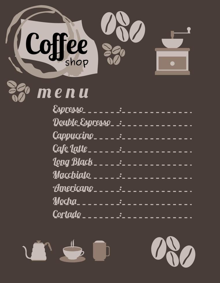 bewerkbaar coffeeshopmenu met brouwapparatuur en bonen vectorillustratie vector