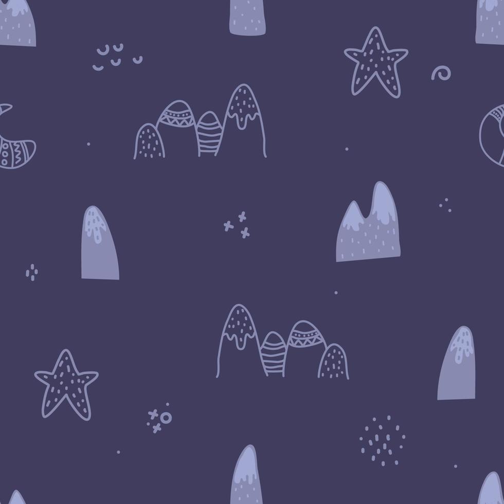 bergen, maan, ster in Scandinavische stijl, eenvoudige zwart-witte textuur. schattig scandinavisch ontwerp. geometrische en doodle achtergrond voor textiel, behang, oppervlakteontwerp vector