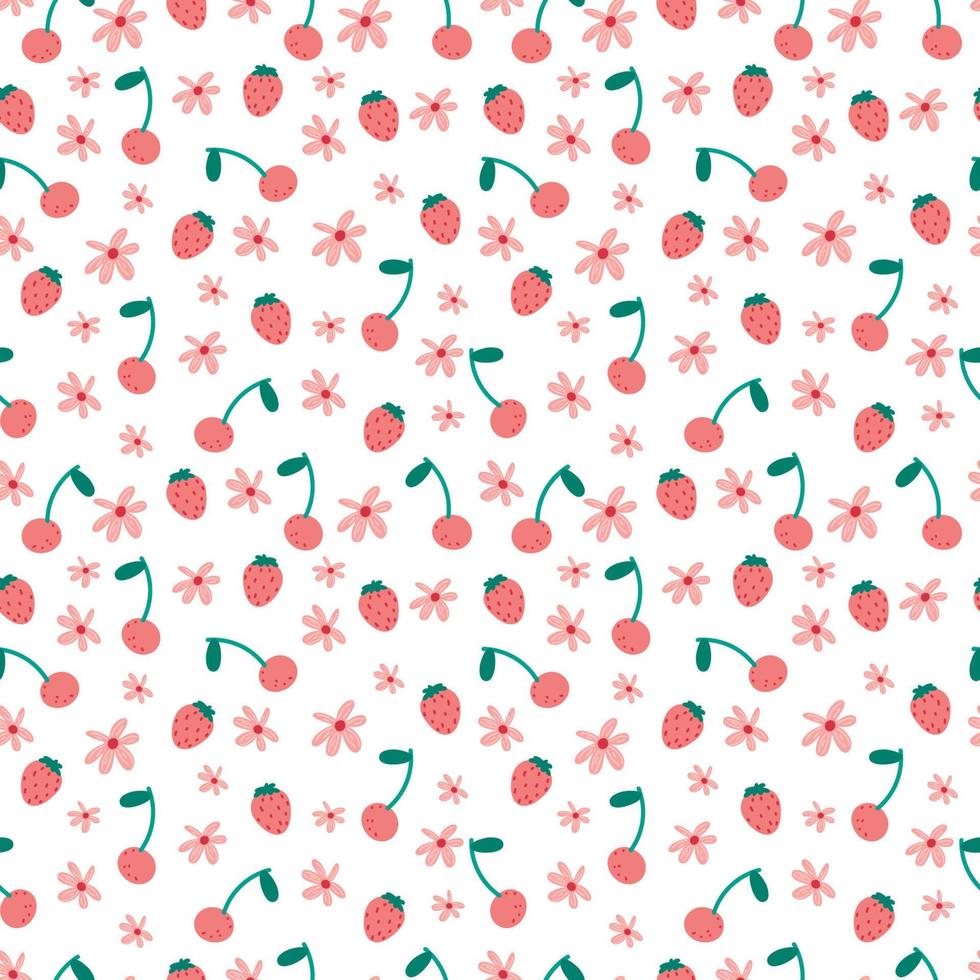 kersen aardbei bloemen zomer naadloze patroon. zomer bessen, fruit, bladeren, bloemen verse achtergrond. vectorillustratie voor lentedekking, tropische behangtextuur, backdrop vector