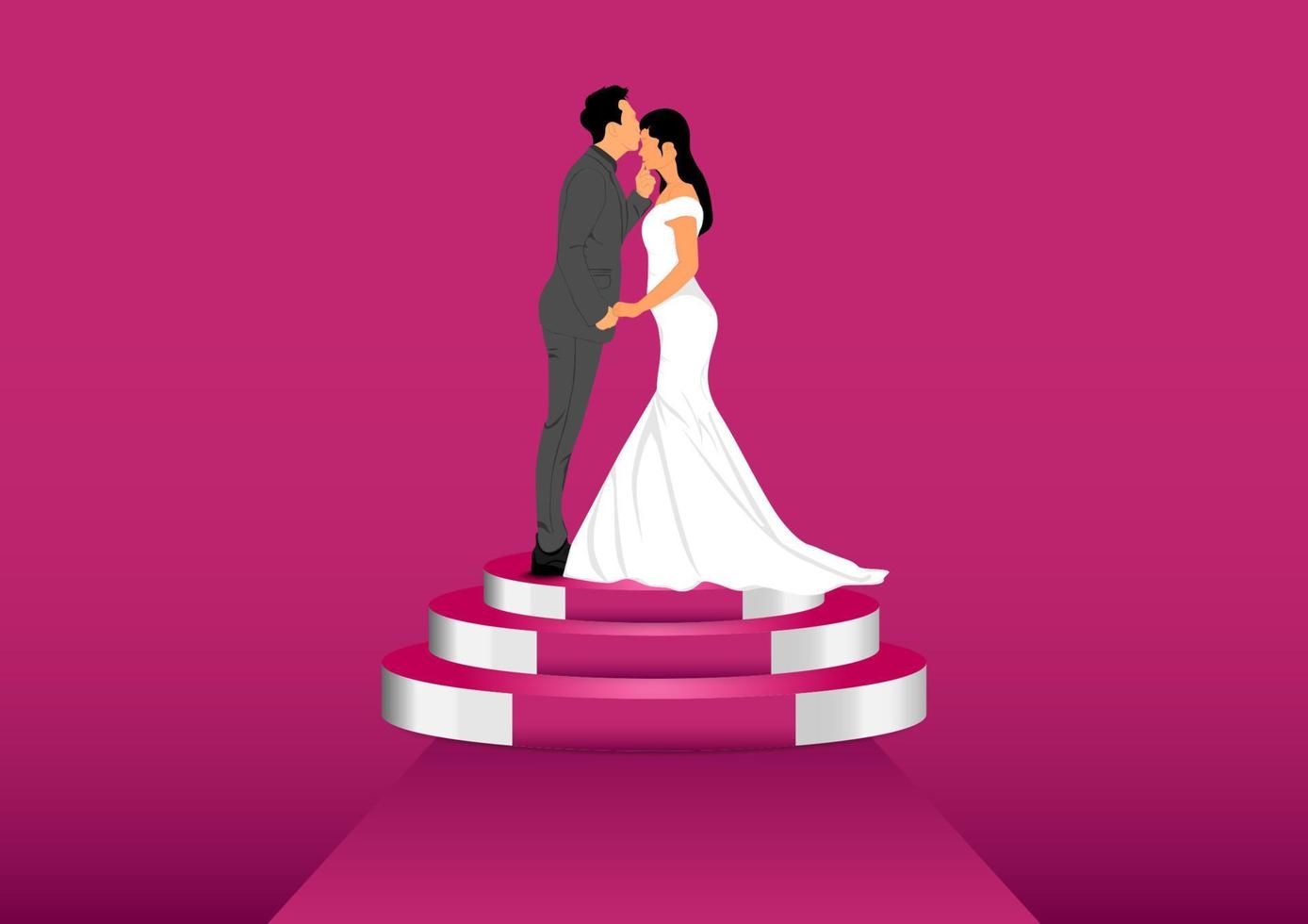 grafische afbeelding bruid en bruidegom paar trouwjurk staande op podium roze kleurtoon vectorillustratie vector