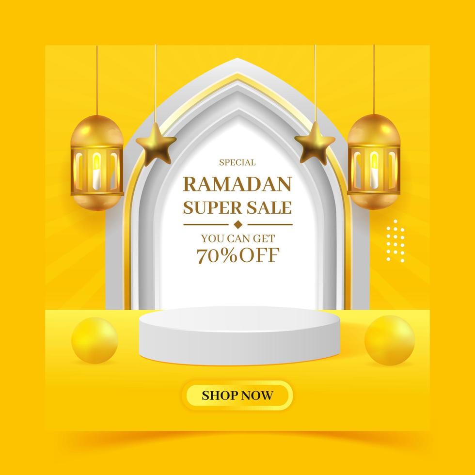 ramadan kareem grote verkoop kortingsbanner met leeg podium met sociale media instagram postsjabloon op gele achtergrond vector