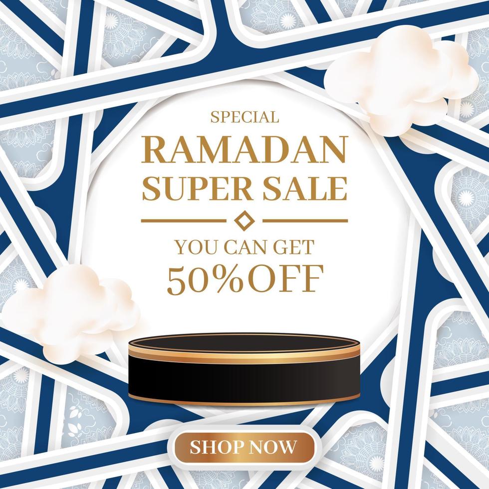 super sale ramadan kareem banner met een leeg podium, sociale mediasite met lantaarn en wolken 3d vector