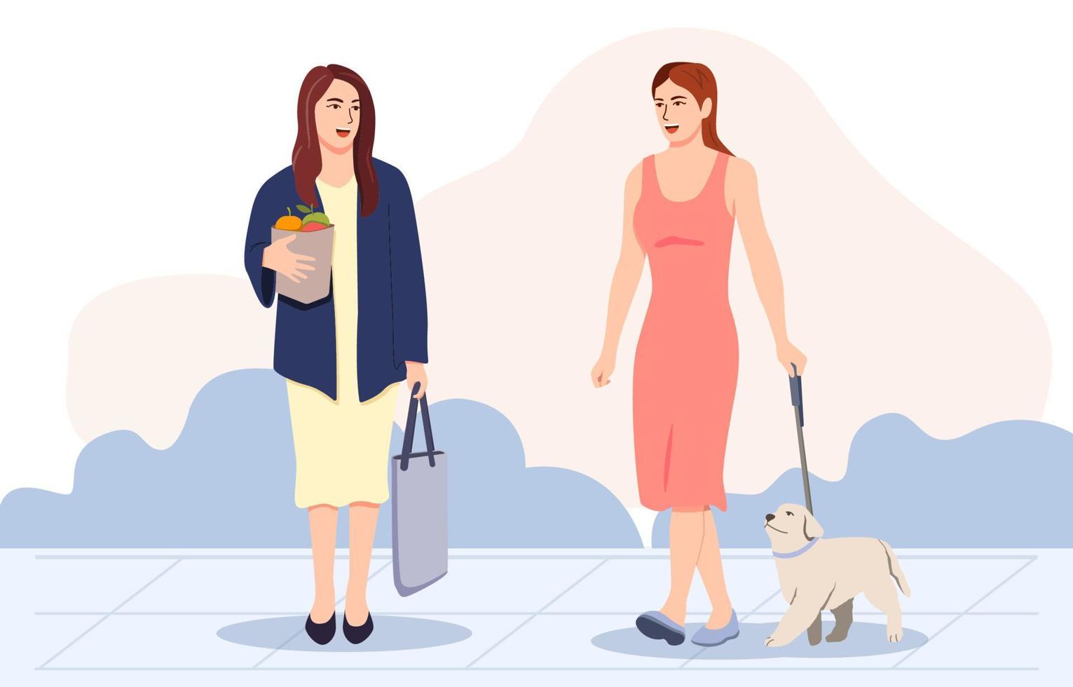 vrouw wandelen met hond en vrouw met een zak fruit praten samen, sociaal, modern vector illustratie concept.