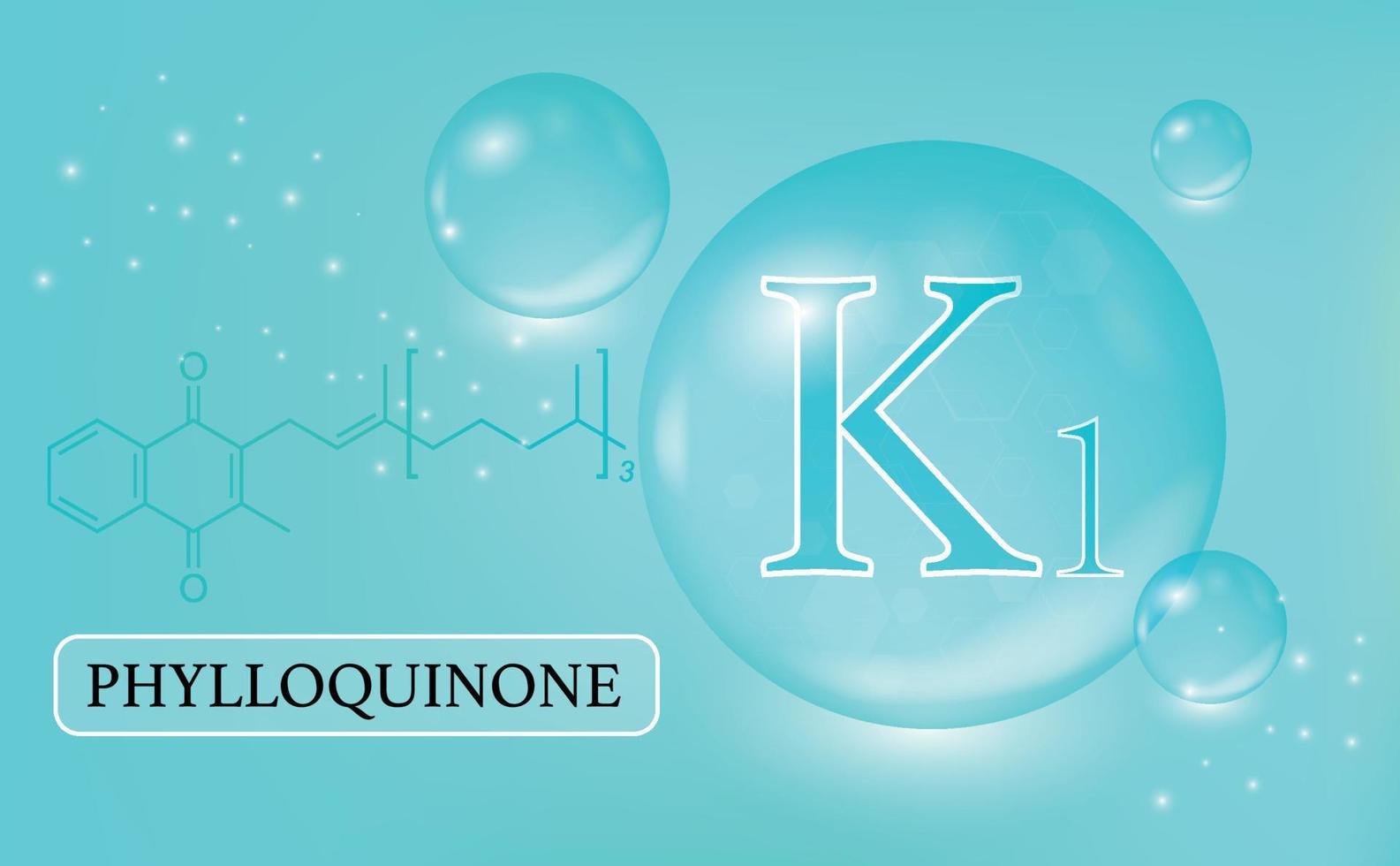 vitamine, k1, phylloquinone, waterdruppels, capsule op een blauwe achtergrond met kleurovergang. vitaminecomplex met chemische formule. informatie medische poster. vector illustratie