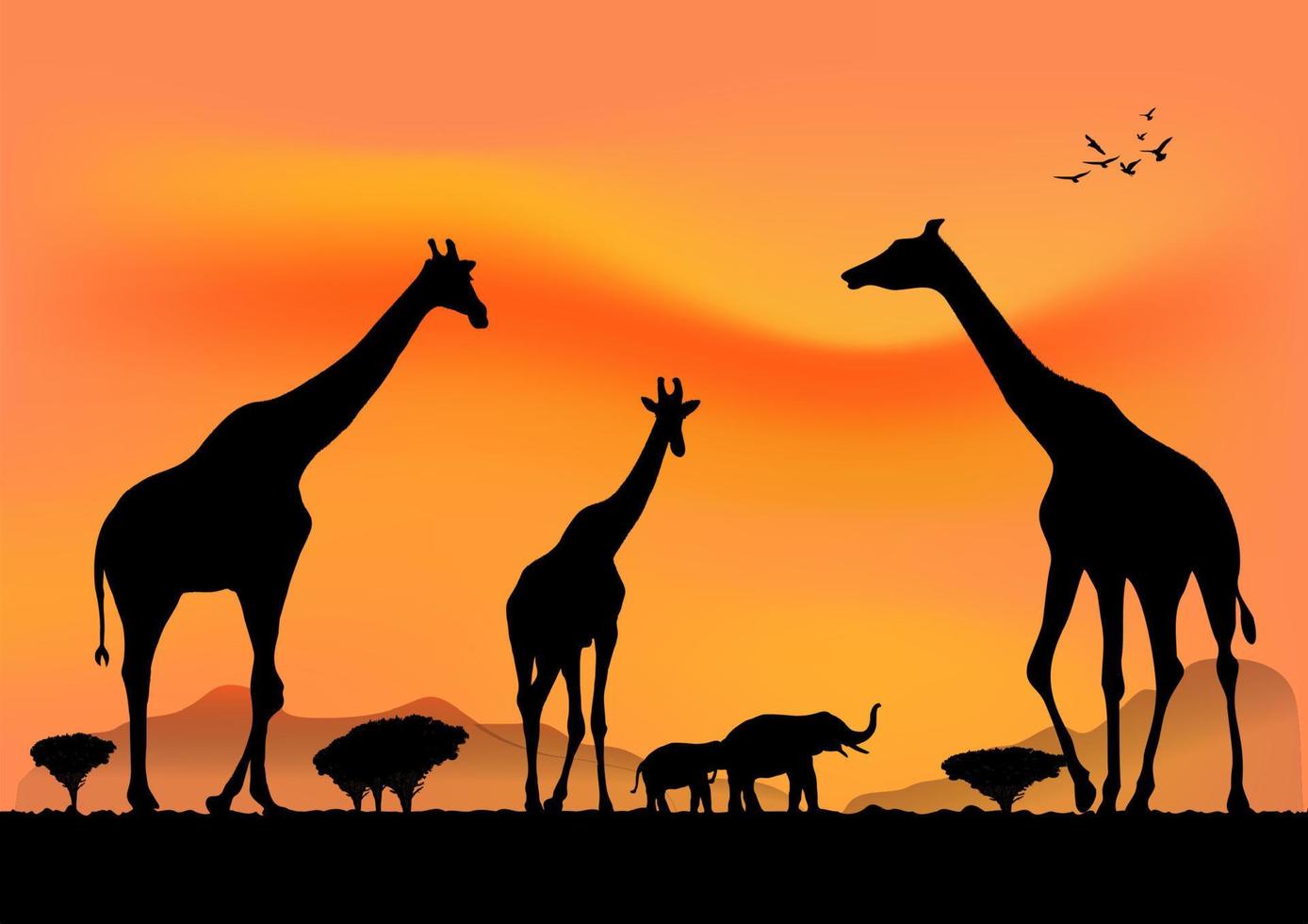 grafische landschapsweergave giraffe in het bos met bergachtergrond en schemering silhouet vectorillustratie vector
