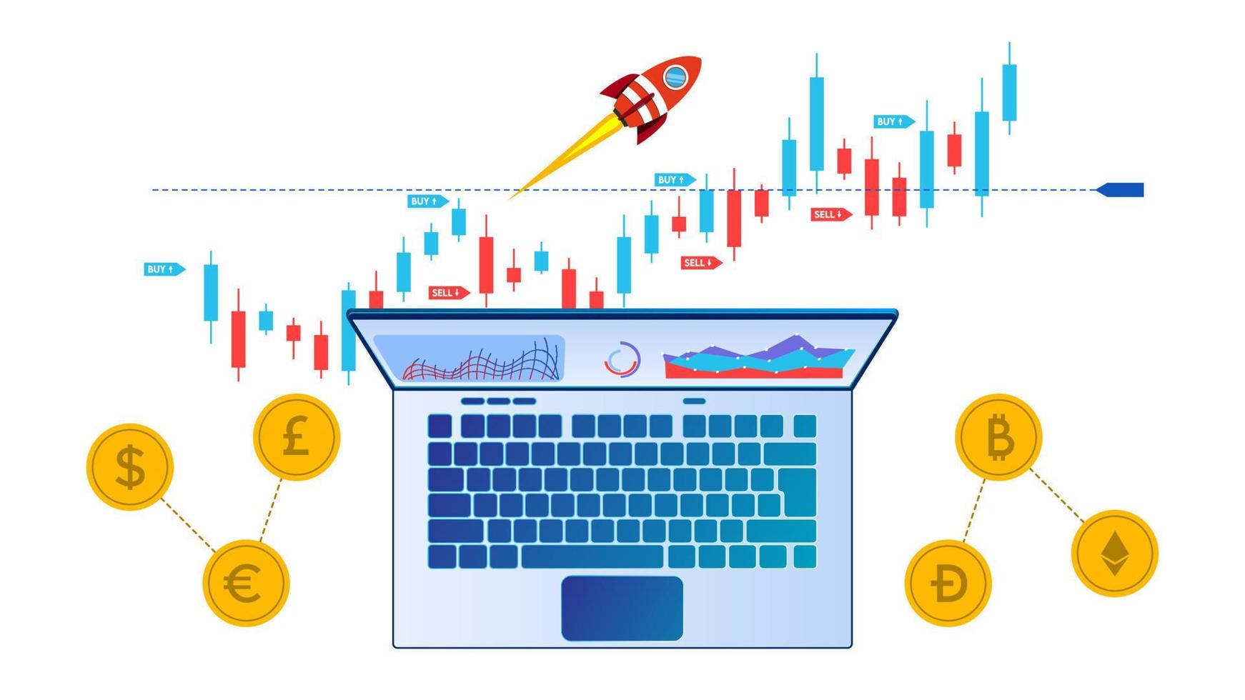 forex aandelenhandel financieel koop- en verkoopmarktconcept. dashboardtoepassing op laptop met bedrijfsanalysegegevens, grafieken en afbeeldingen op perspectieflaptop. vector