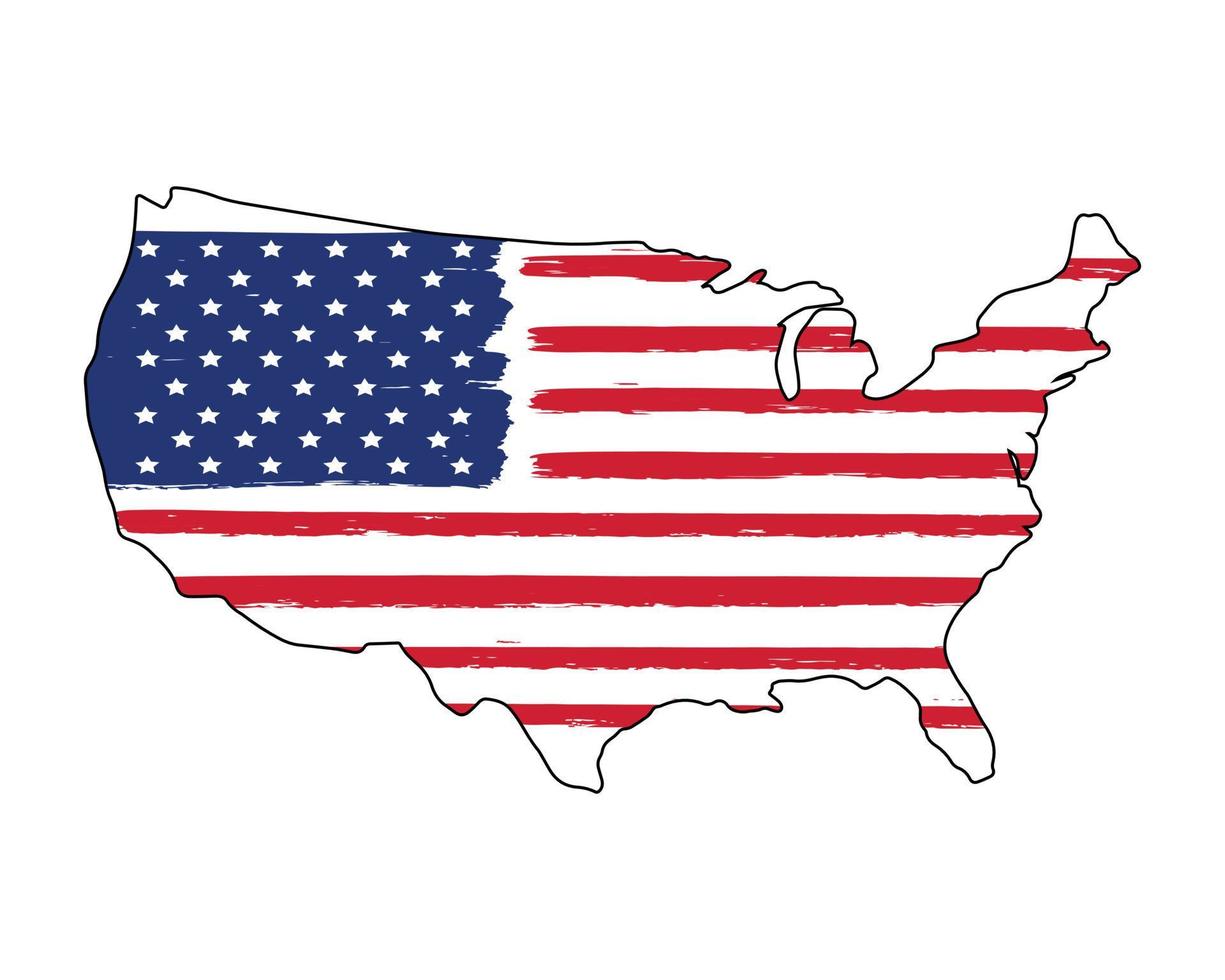 kaart van de vs - hand getrokken schets zwarte lijn omtrek contour kaart met grunge amerikaanse vlag - rood en blauw. vectorontwerpelement dat op witte achtergrond wordt geïsoleerd vector