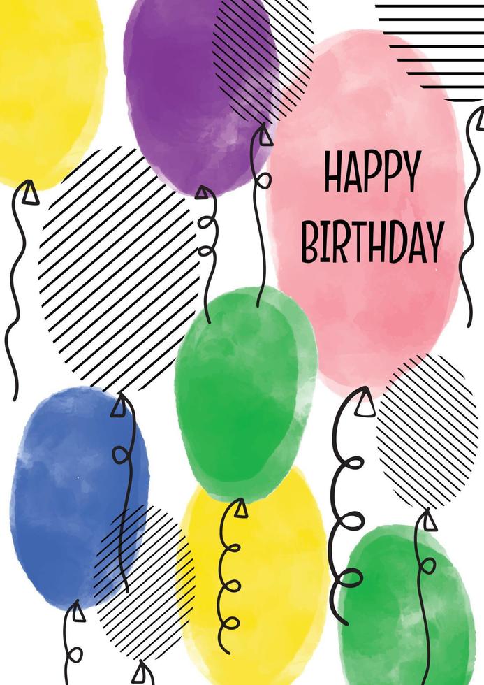gelukkige verjaardag vector wenskaart hand getekende aquarel getextureerde kleurrijke ballonnen met tekenreeksen. schattig kinderachtig creatief artistiek achtergrondontwerp voor verjaardagskaart, feestuitnodiging