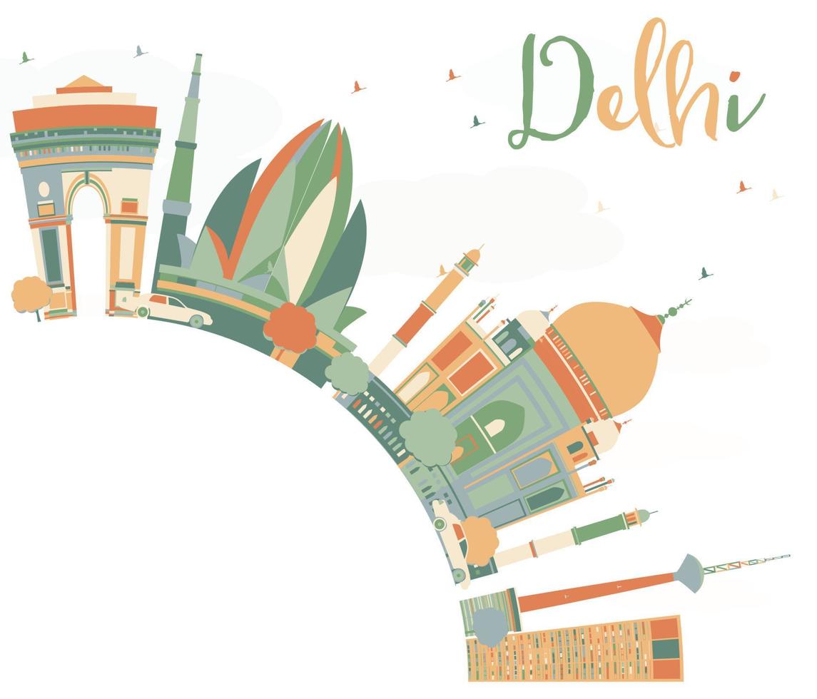 abstracte skyline van Delhi met kleuroriëntatiepunten en kopieerruimte. vector