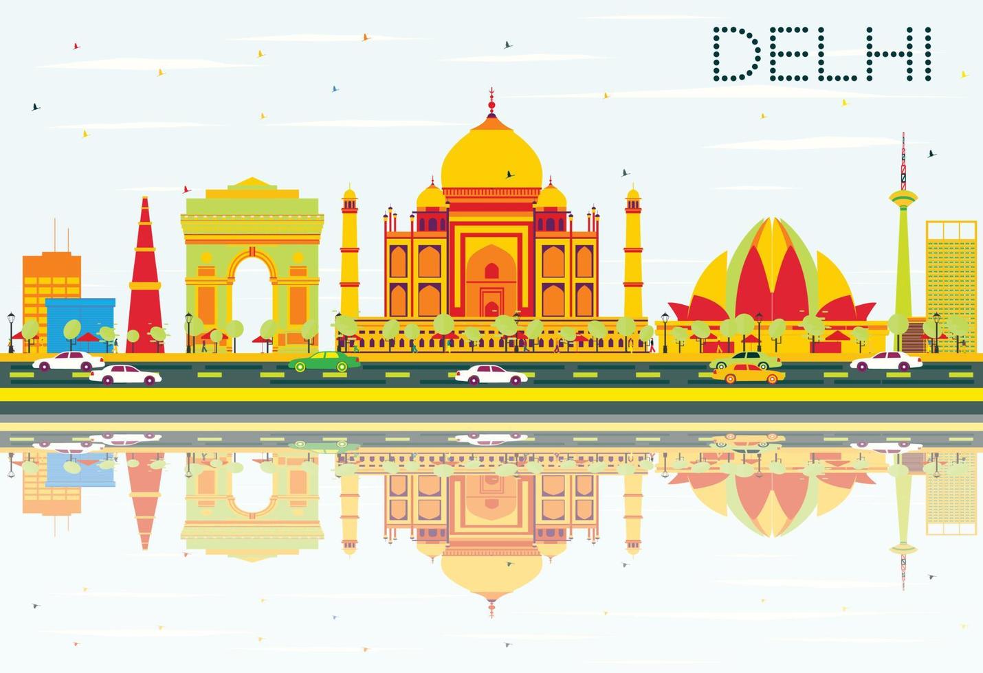 Delhi skyline met kleur gebouwen, blauwe lucht en reflecties. vector