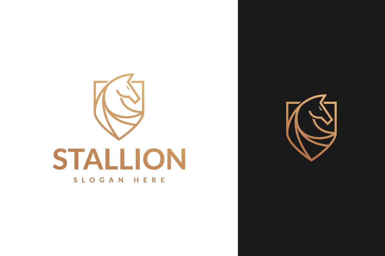 hengst paard hoofd en schild met lijn overzicht monoline stijl logo ontwerp vector