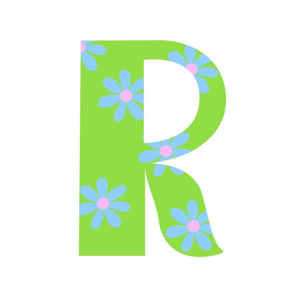 hoofdstad helder groen versierd met lente bloemen hand getekende letter r van Engelse alfabet eenvoudige cartoon stijl vectorillustratie, kalligrafische abc, schattig grappig handschrift, doodle en belettering vector