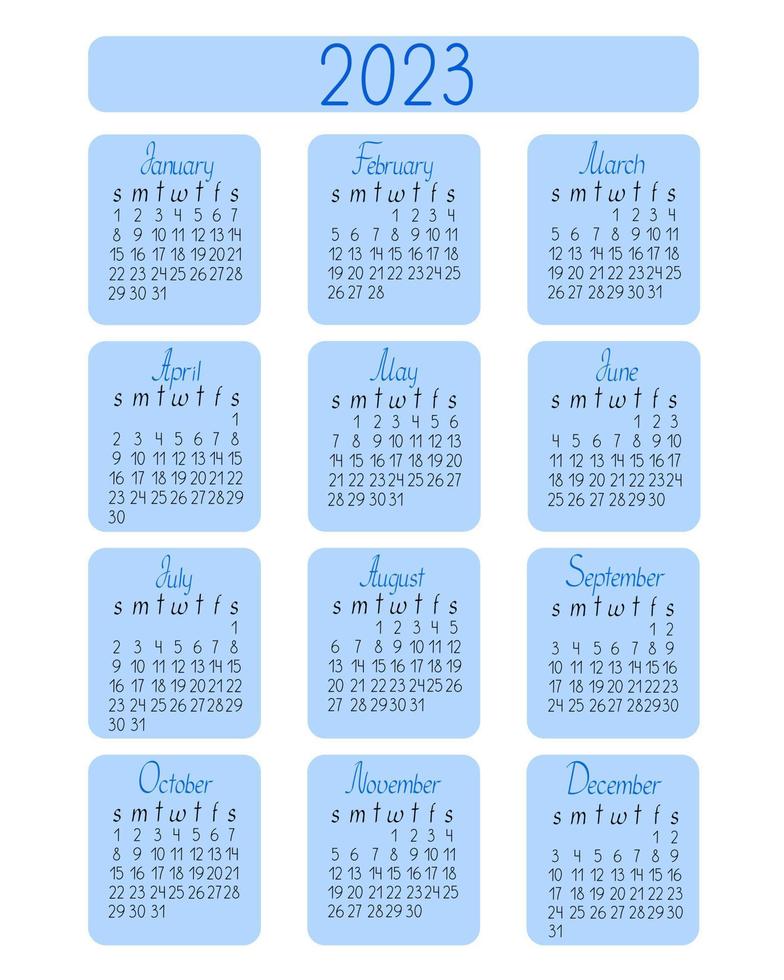 kalendersjabloon voor het jaar 2023 in eenvoudige minimalistische stijl, abstracte kleurrijke achtergrond losse vormloze vormen, week begint op zondag, vector afdrukbare pagina