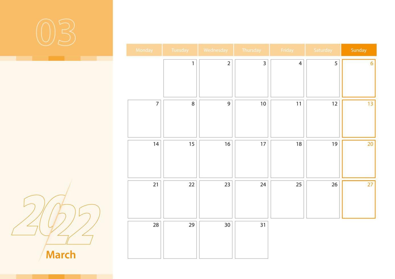 horizontale planner voor maart 2022 in het oranje kleurenschema. de week begint op maandag. een wandkalender in een minimalistische stijl. vector