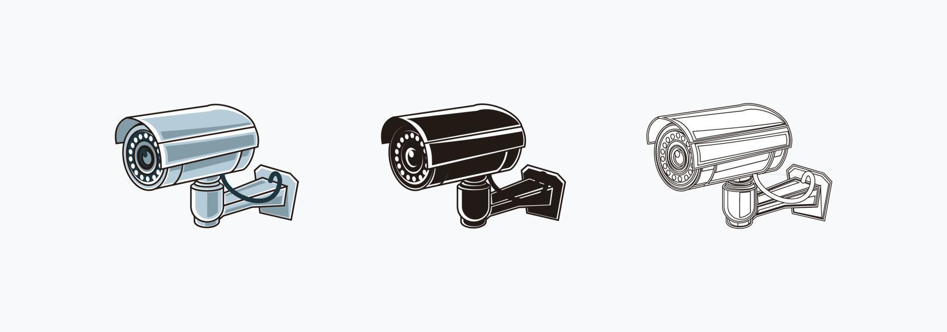CCTV camera pictogrammen instellen met kabel - gekleurd, silhouet, lijn pictogram vectorillustraties geïsoleerd op wit vector