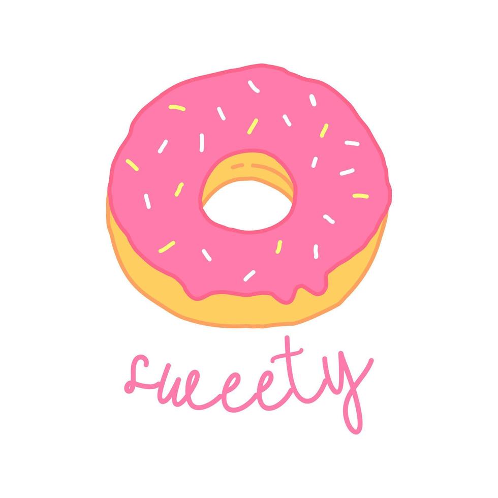 roze donut in cartoon-stijl met de inscriptie sweety. donut poster. vector geïsoleerde voedsel illustratie.