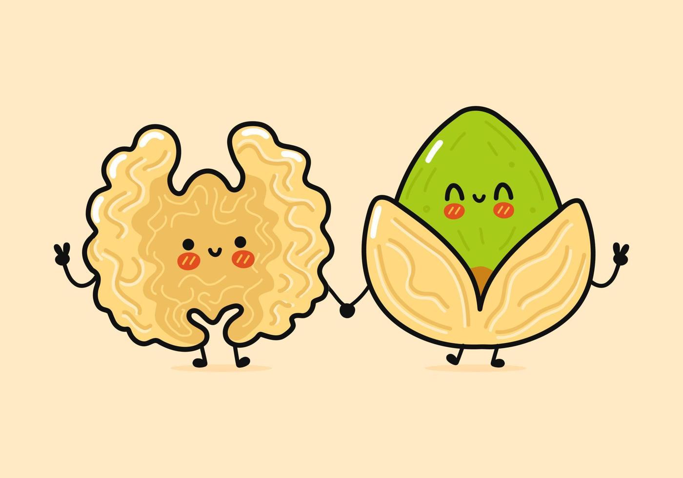 schattig, grappig vrolijk karakter van walnoot en pistachenoten. vector hand getekend kawaii stripfiguren, illustratie pictogram. grappige cartoon walnoot en pistachenoten vrienden