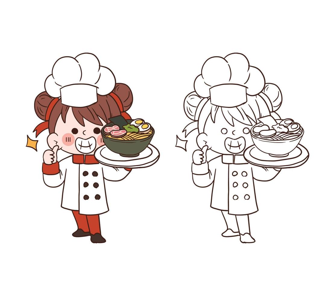 schattig jong chef-kokmeisje glimlachend en met een kom ramen.cartoon vectorkunstillustratie vector