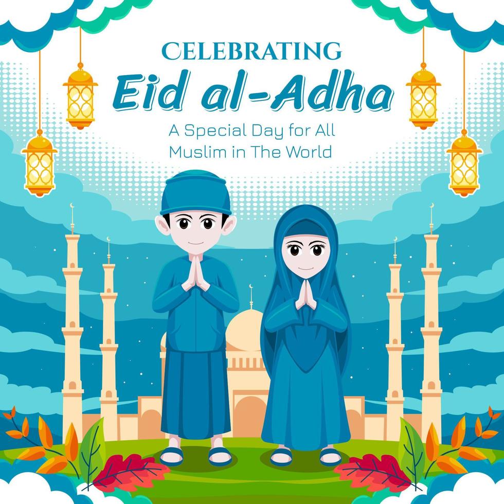 eid al adha postontwerp met illustratie mensen die eid al adha vieren vector