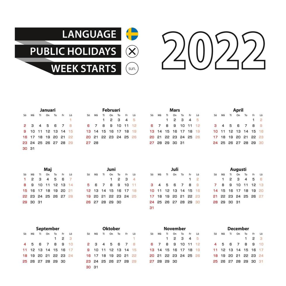 2022 kalender in de Zweedse taal, week begint vanaf zondag. vector