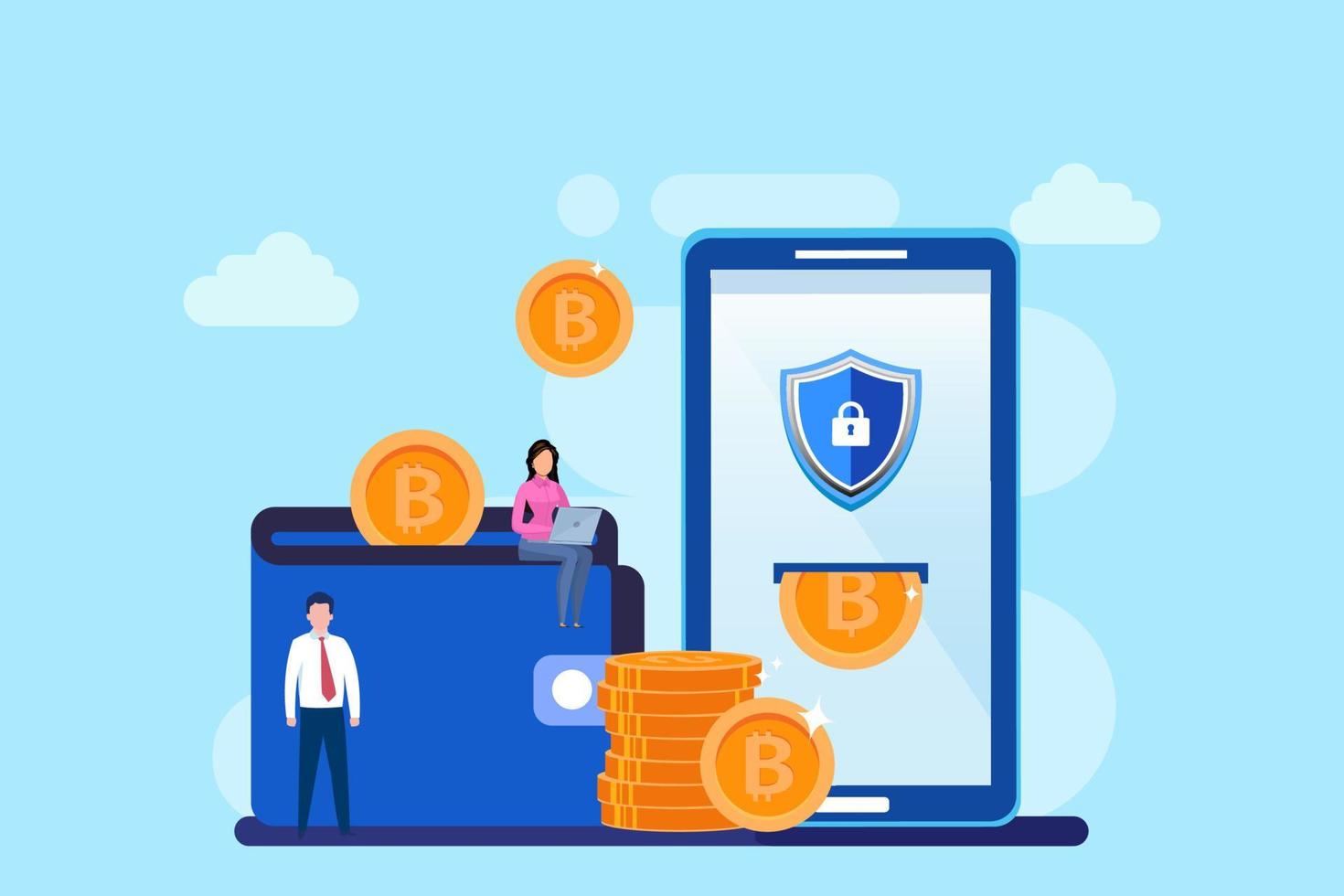 cryptogeld portemonnee. platte webbanner in ontwerpstijl van blockchain-technologie, bitcoin, altcoins, cryptocurrency-mining, financiën, digitale geldmarkt, cryptocoin-portemonnee, crypto-uitwisseling. vector