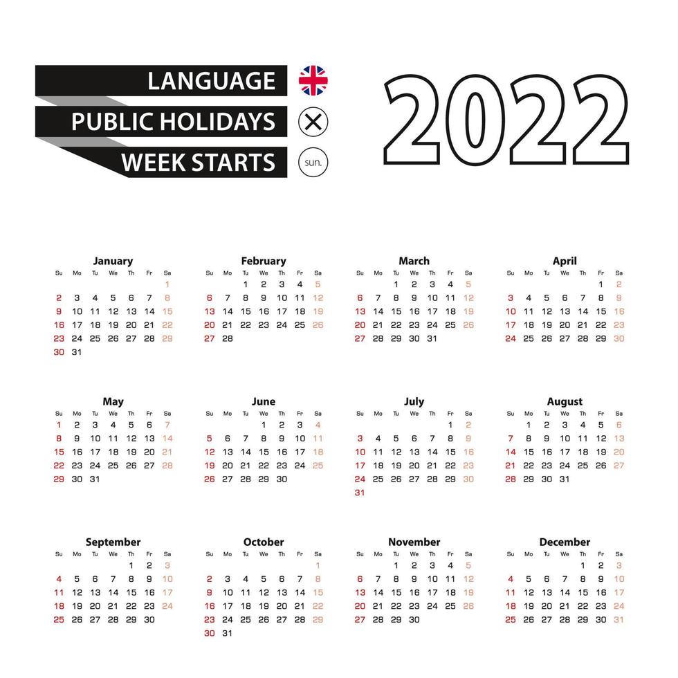 2022 kalender in Engelse taal, week begint vanaf zondag. vector