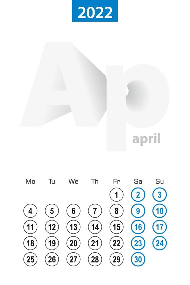 kalender voor april 2022, blauw cirkelontwerp. engels taal, week begint op maandag. vector