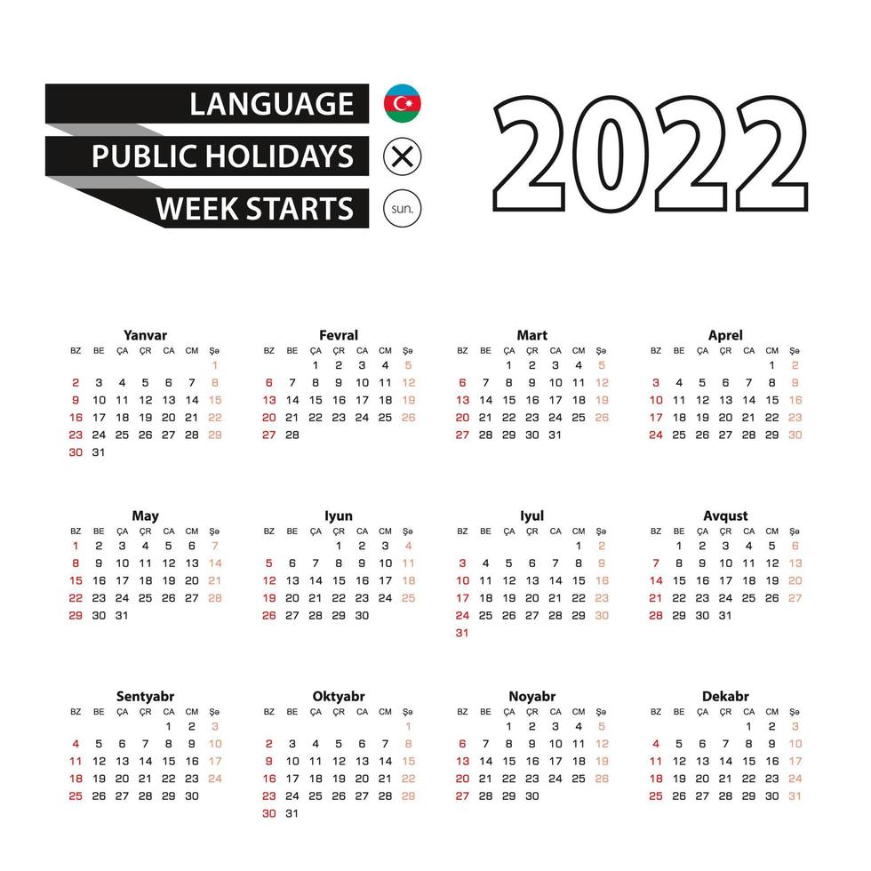 2022 kalender in Azerbeidzjaanse taal, week begint vanaf zondag. vector