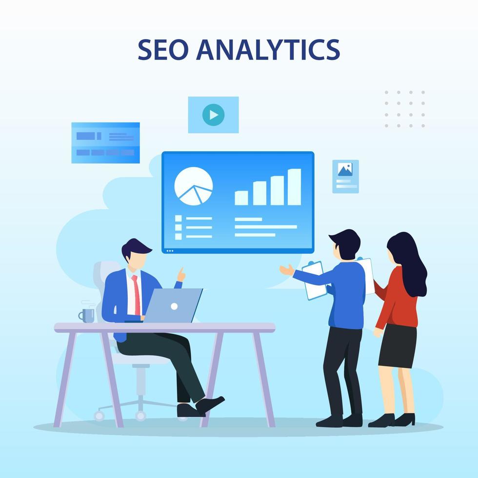 seo-analyseteam, rangschikking van zoekmachines, seo-succes, seo-optimalisatie, illustratie met pictogrammen en karakter. platte vectorsjabloonstijl geschikt voor webbestemmingspagina's. vector