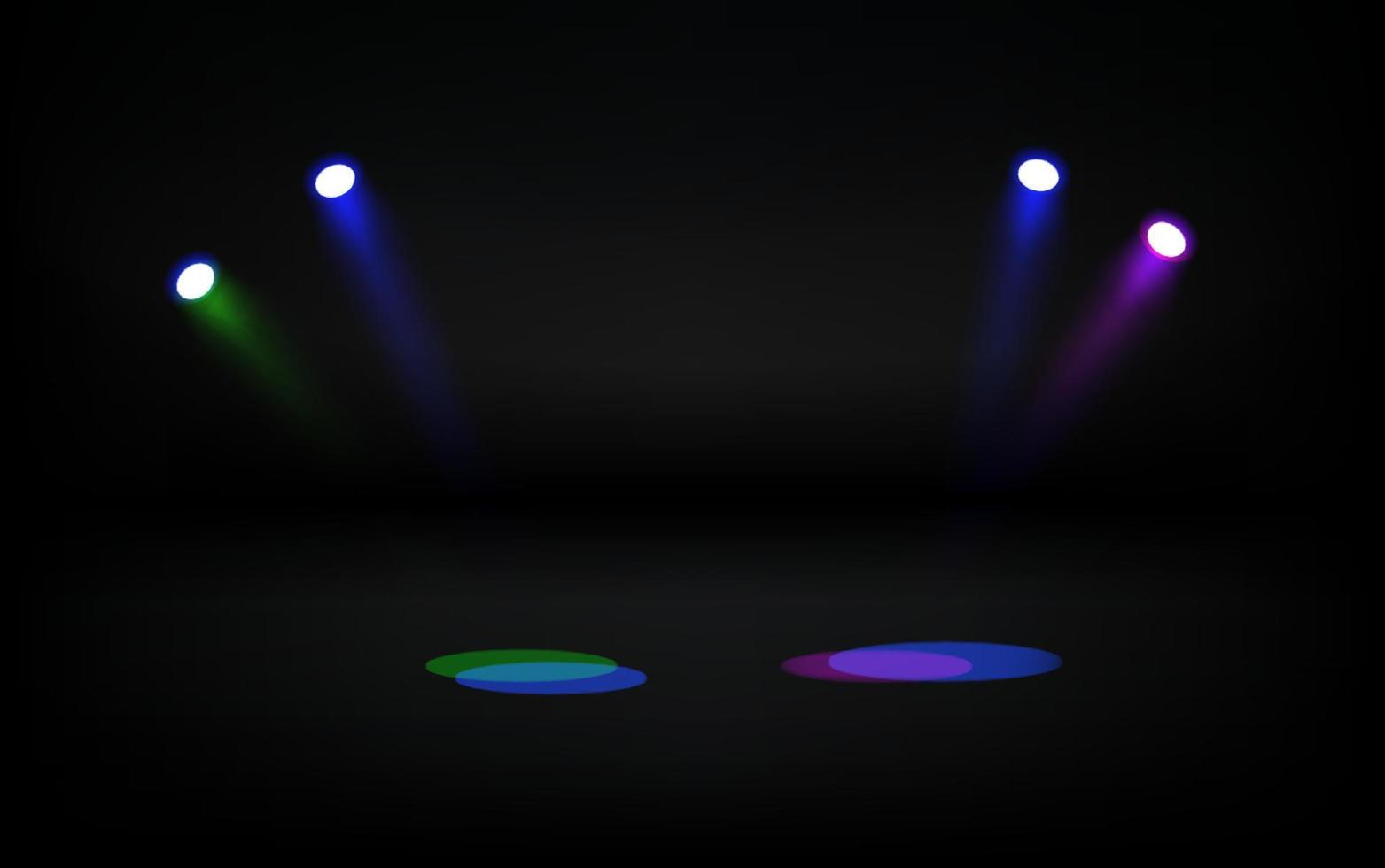 verlicht donker podium met kleurrijke projectoren vector