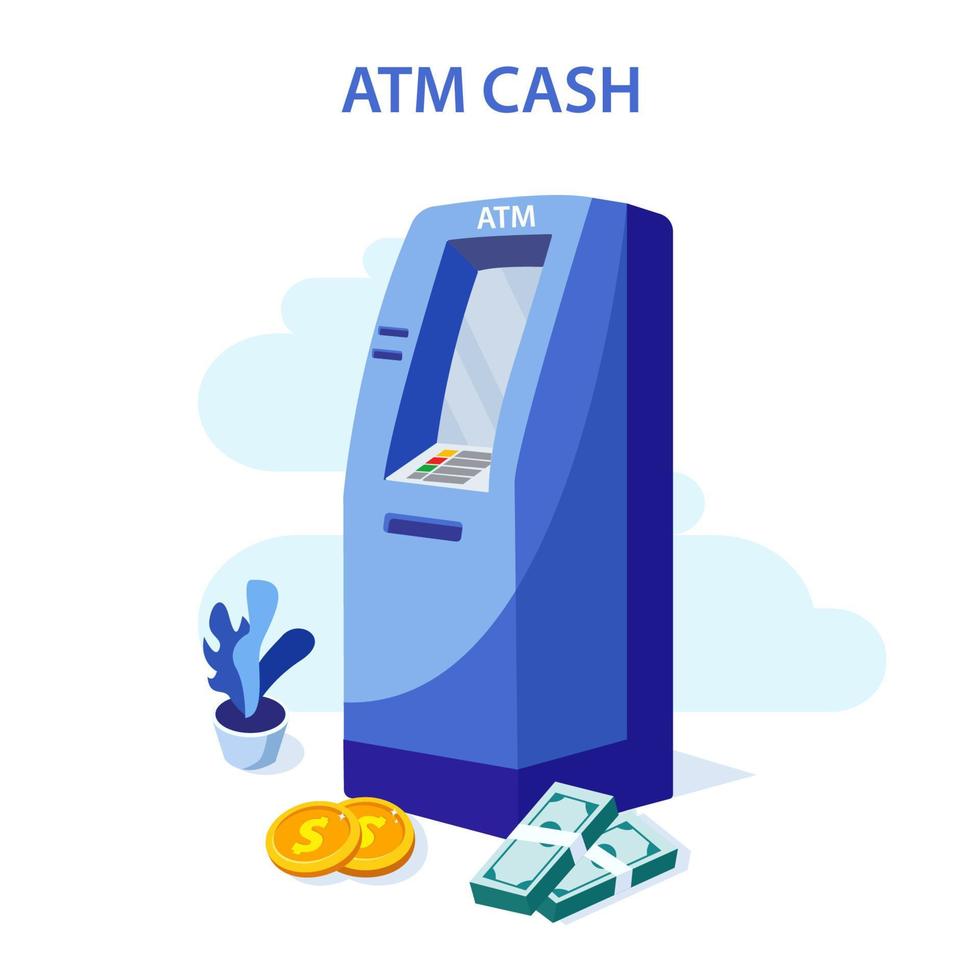 een vectorillustratie van een moderne geldautomaat en contant geld. pinautomaat. bank geldautomaat icoon. platte isometrische sjabloonstijl geschikt voor webbestemmingspagina. vector