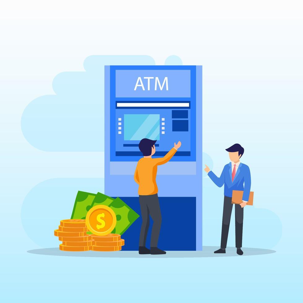 vectorillustratie van moderne business concept stijl. het karakter van de persoon maakt geldopnames bij geldautomaten, geldopnames bij geldautomaten. platte vectorsjabloonstijl geschikt voor webbestemmingspagina. vector