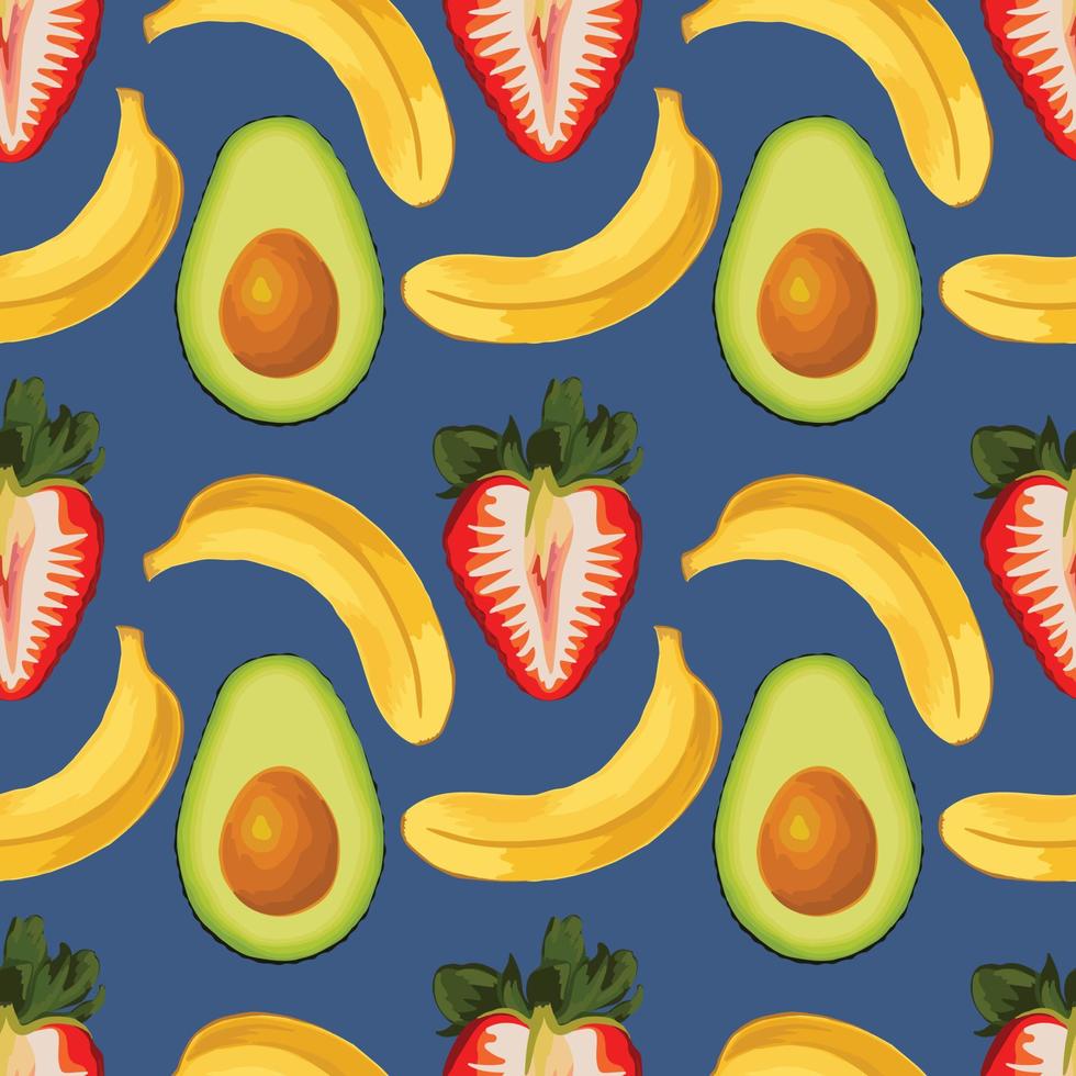 Stawberry banaan en kiwi kunst naadloos patroonontwerp op blauwe achtergrond vector