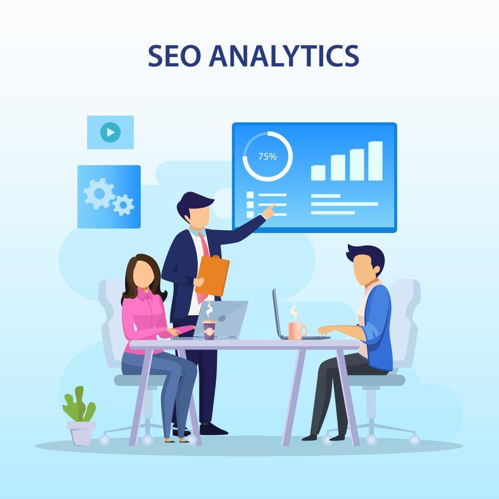 seo-analyseteam, rangschikking van zoekmachines, seo-succes, seo-optimalisatie, illustratie met pictogrammen en karakter. platte vectorsjabloonstijl geschikt voor webbestemmingspagina's. vector