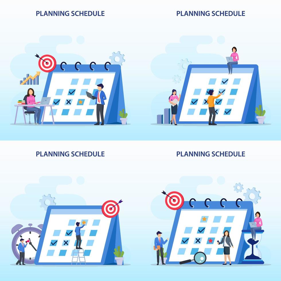 planningsschema concept, mensen vullen het schema in op een gigantische kalender, werkplanning, werk in uitvoering. platte vectorsjabloonstijl geschikt voor webbestemmingspagina's. vector