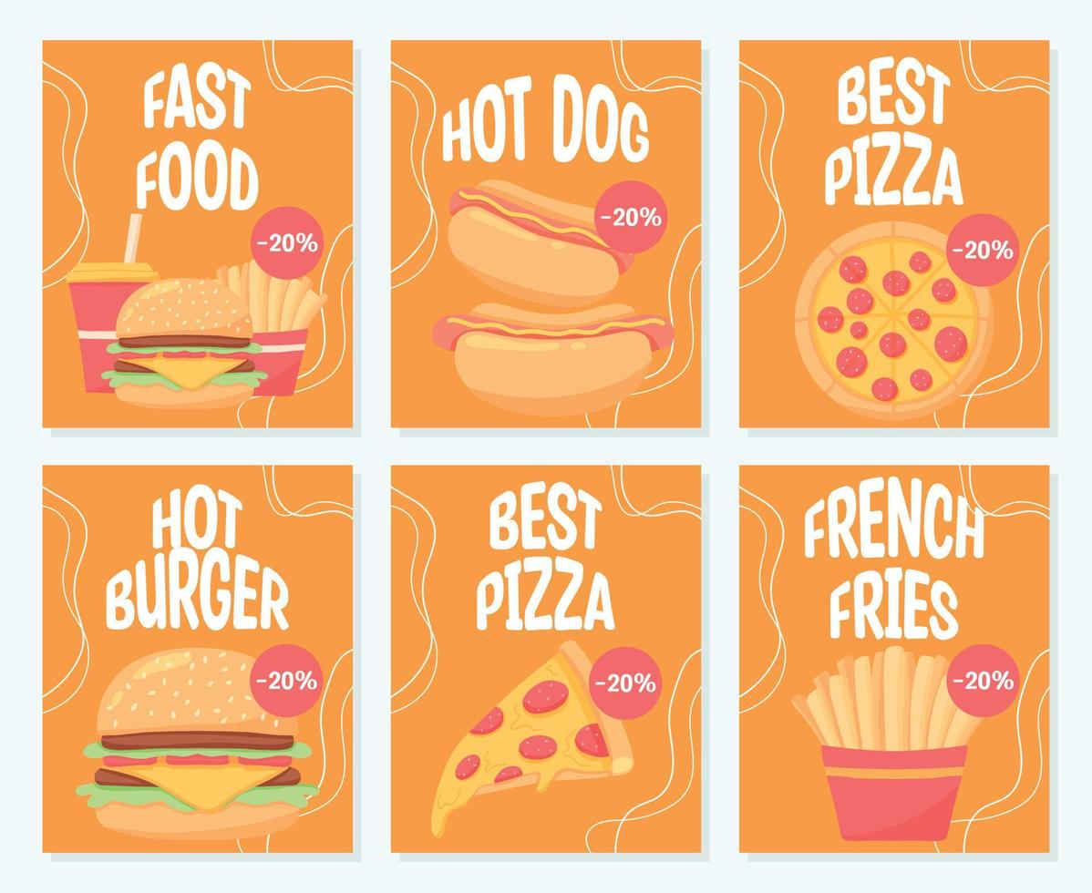 fastfood-posterset. flyers m hamburger, hotdog, frietjes, pizza. korting flyers. vectorillustratie. vector