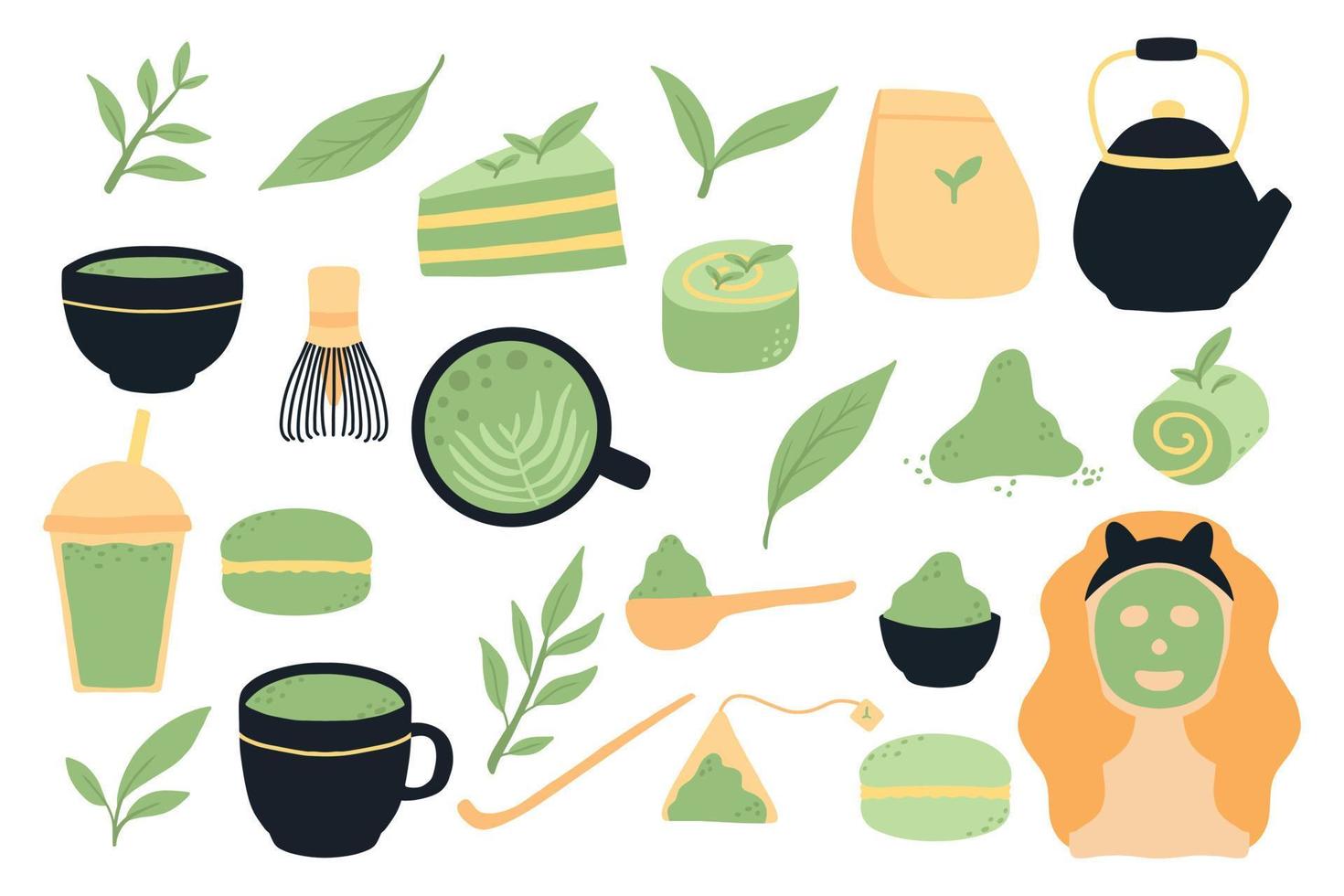 matcha-thee. vector set van biologische thee matcha poeder, theeblaadjes, theepot, macarons, lepel, traditionele beker, garde, tools voor Japanse ceremonie. matcha groene thee ceremonie. gezonde drank