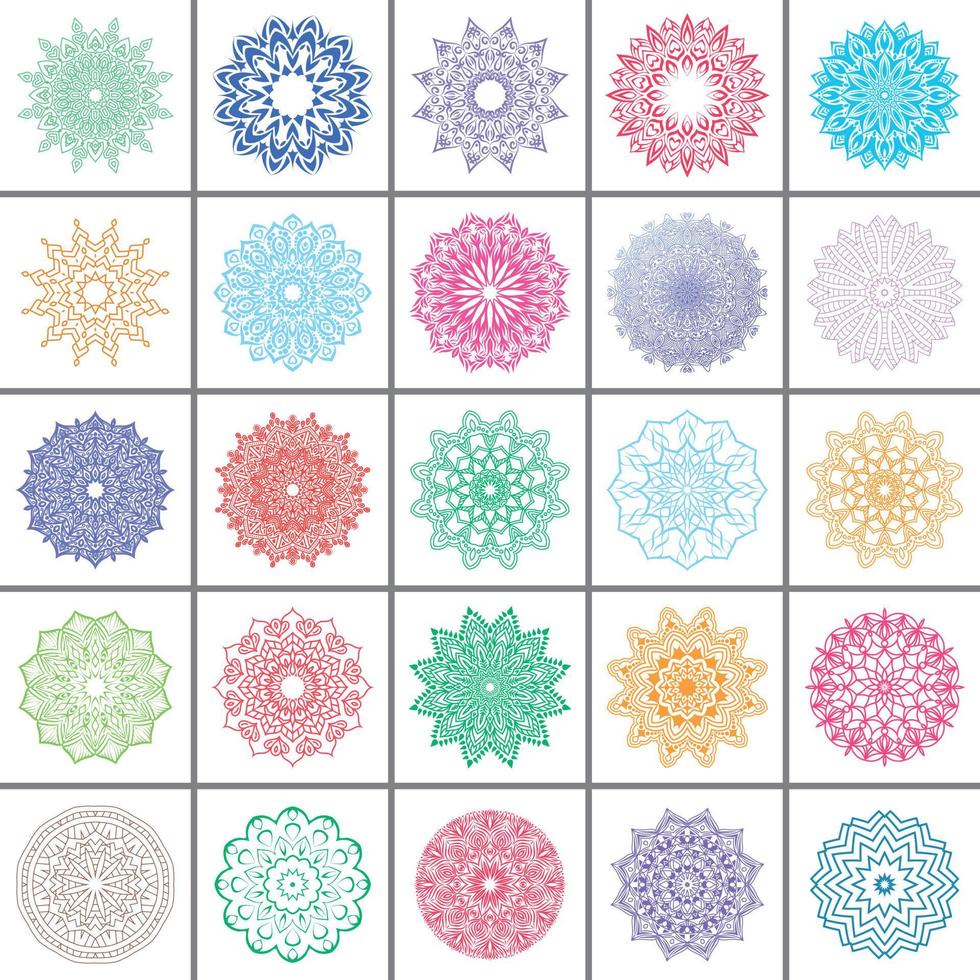 set bloemmandala's voor het kleuren van boekelementen ontwerp ornament thema uniek bloemenprint ontwerppakket van 25. vector