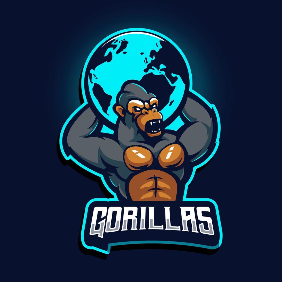 gorilla verhoogde aarde, mascotte-logo-ontwerp voor sport, team, e-sport of gaming vector